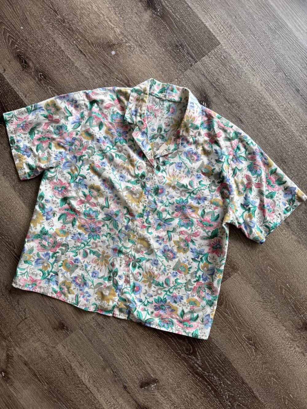 Vintage 90s Teal Pink Floral Camp Shirt | Short Sleeve Retro Festival Top
